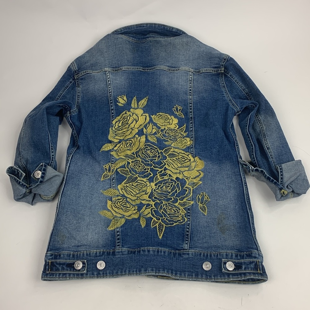 Lularoe Denim Jean Gold Embroidered Jacket Size Small Stretch Button Pockets